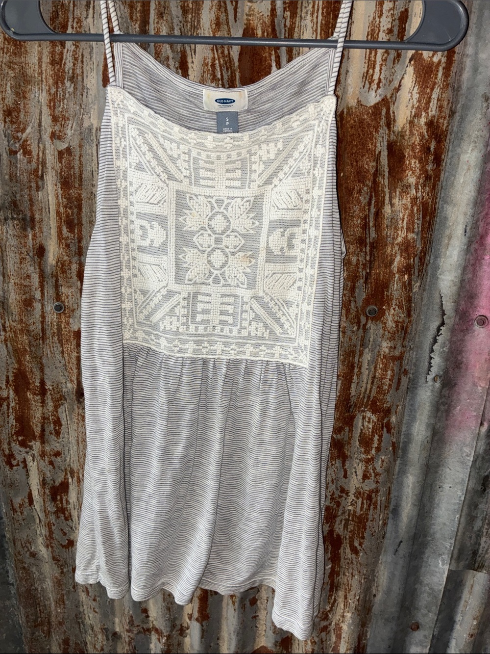 Old Navy Cream and Light Gray Striped Crochet-Front Cami